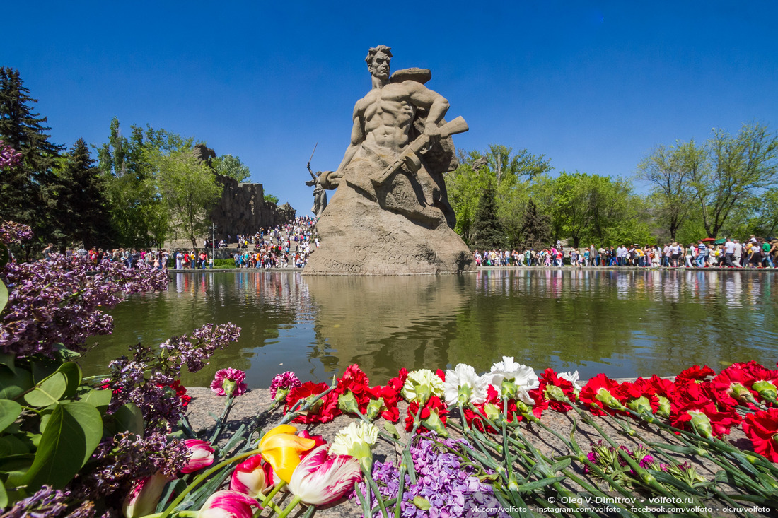 Цветы у монумента «Стоять насмерть!» в День Победы фотография