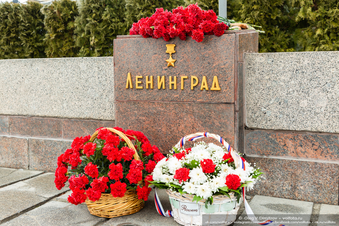 Цветы у памятной тумбы города-героя Ленинграда на Мамаевом кургане фотография